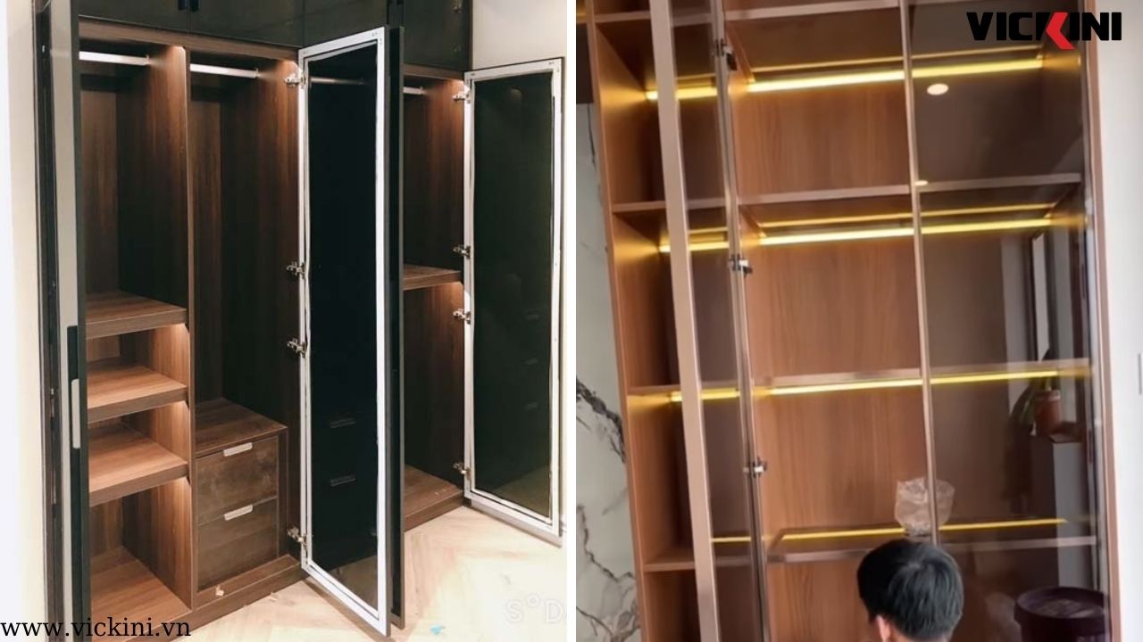 Ứng dụng của bản lề loại cong vừa cho tủ cánh kính khung nhôm