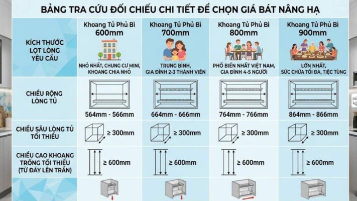 Bảng tra cứu đối chiếu chi tiết để chọn giá bát nâng hạ khớp hoàn toàn với lòng tủ
