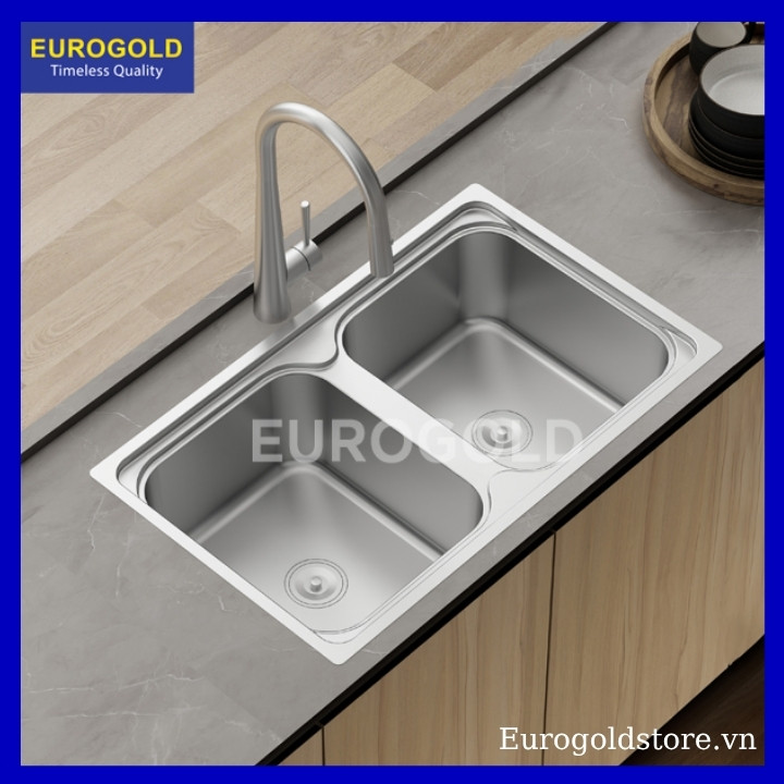 Chậu Rửa Bát 2 Hố Cân Inox 304 Eurogold EUD67848 Chậu Rửa Bát 2 Hố Cân Inox 304 Eurogold EUD67848