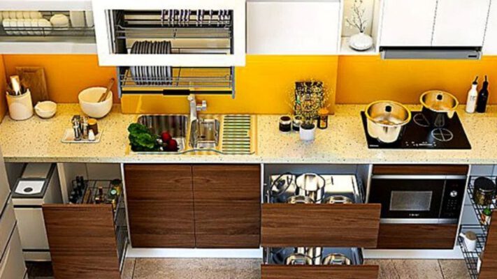 Giá bát nâng hạ giúp mở rộng diện tích thao tác trên bề mặt bàn bếp