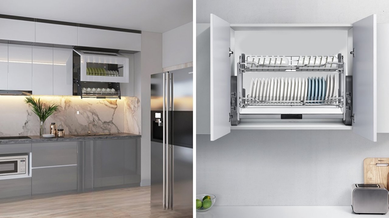 Giá bát nâng hạ phù hợp với tủ bếp sử dụng hệ cánh lật hoặc cánh mở góc rộng