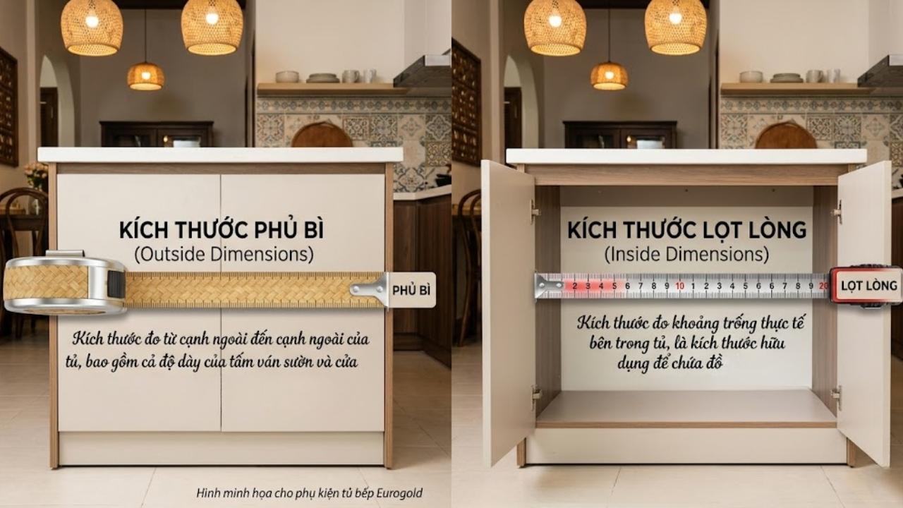 Hiểu rõ sự khác biệt giữa kích thước phủ bì và kích thước thông thủy của tủ bếp