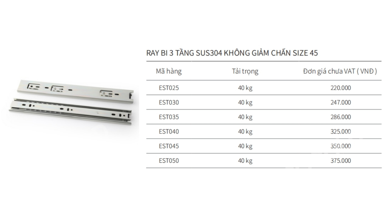 Ray bi 3 tầng không giảm chấn inox 304 Eurogold