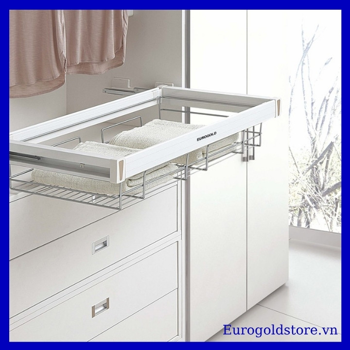 Rổ Để Đồ Gấp Màu Trắng Ray Giảm Chấn 900mm Eurogold EVA390 Rổ Để Đồ Gấp Màu Trắng Ray Giảm Chấn 900mm Eurogold EVA390
