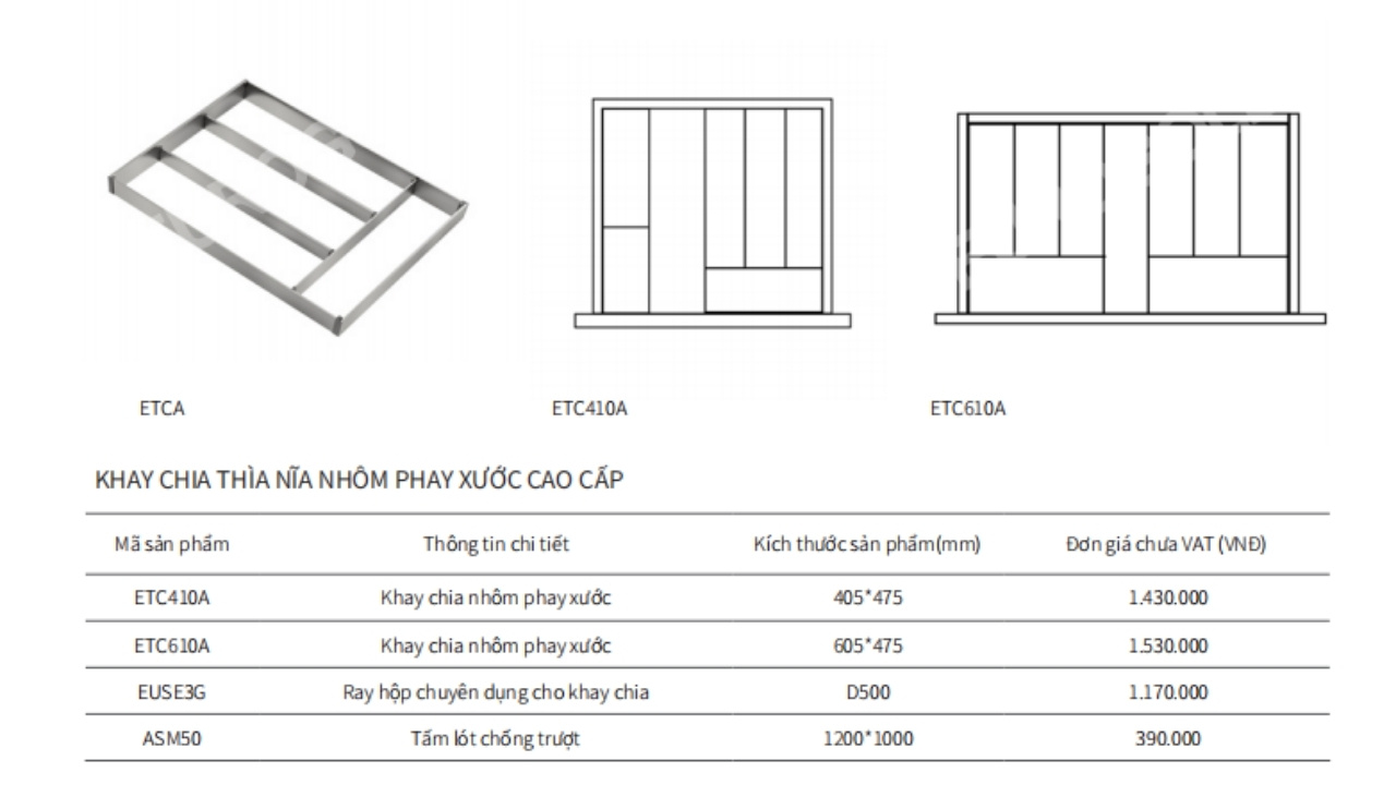 Thông Số Kỹ Thuật Khay Chia Thìa Dĩa Nhôm Phay Xước Eurogold ETC610A