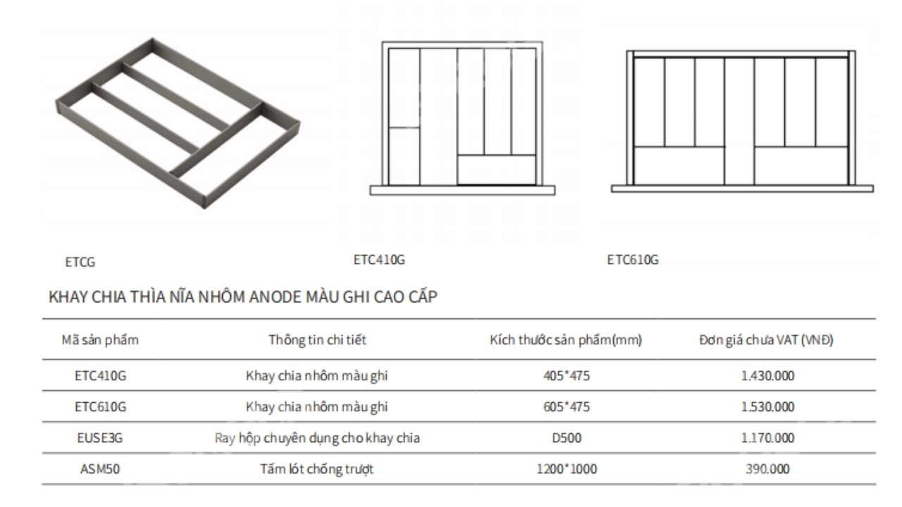 Thông Số Kỹ Thuật Khay Chia Thìa Dĩa Nhôm Phay Xước Eurogold ETC610G