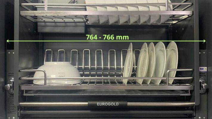 Chiều rộng lọt lòng (Thông thủy) của giá bát nâng hạ Eurogold cho khoang tủ 800mm