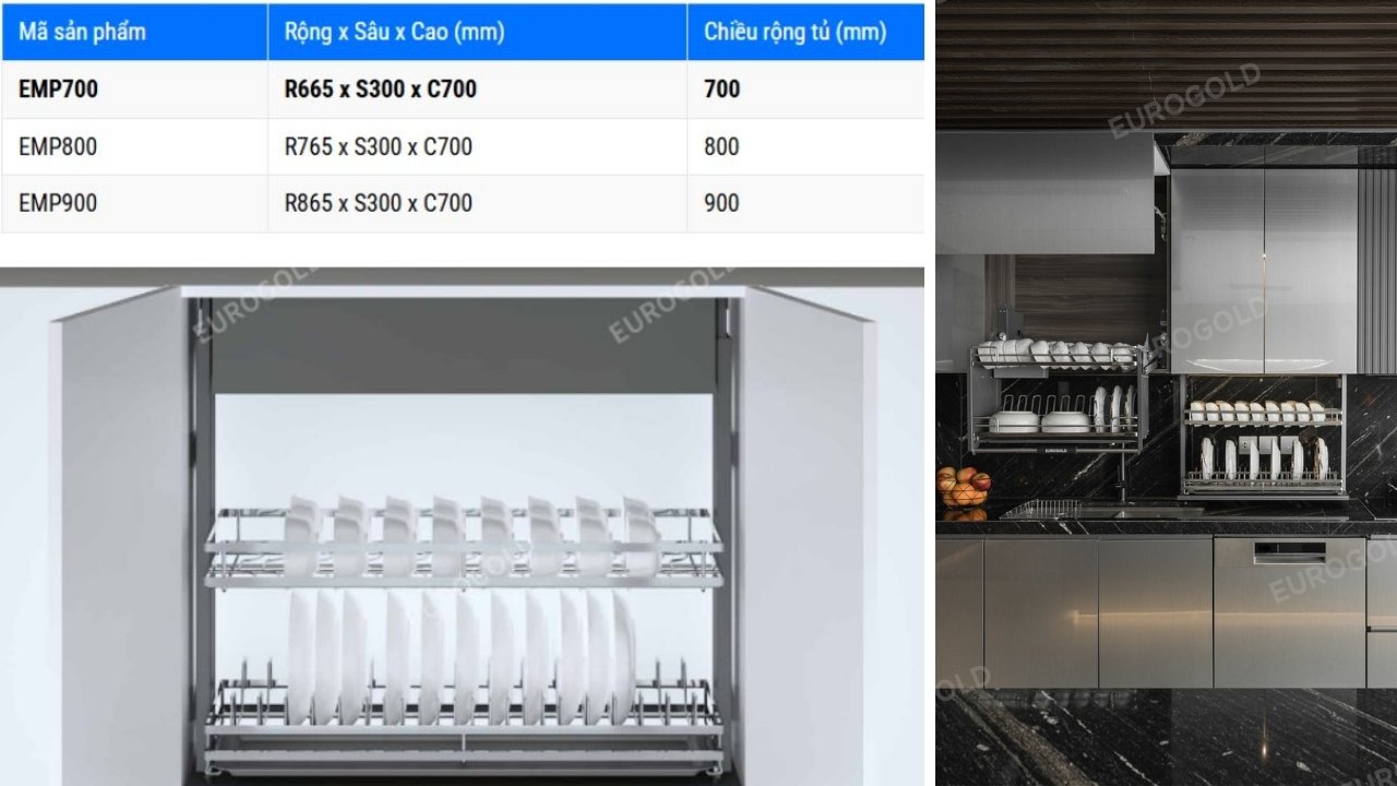 Hướng dẫn lựa chọn các thông số kích thước giá bát nâng hạ điện Eurogold chuẩn xác cho tủ bếp