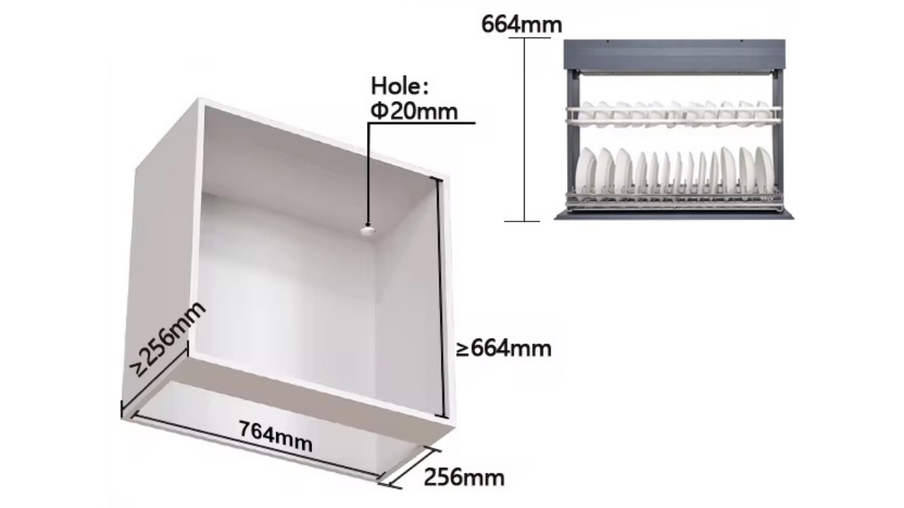 Kích thước và thông số lọt lòng khi lắp đặt giá bát nâng hạ điện Eurogold 800 mm