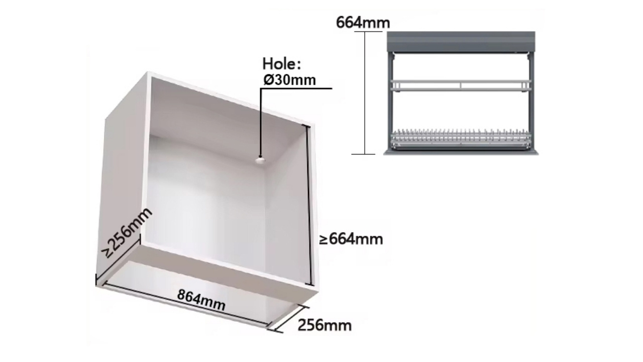 Kích thước và thông số lọt lòng khi lắp đặt giá bát nâng hạ điện Eurogold 900 mm
